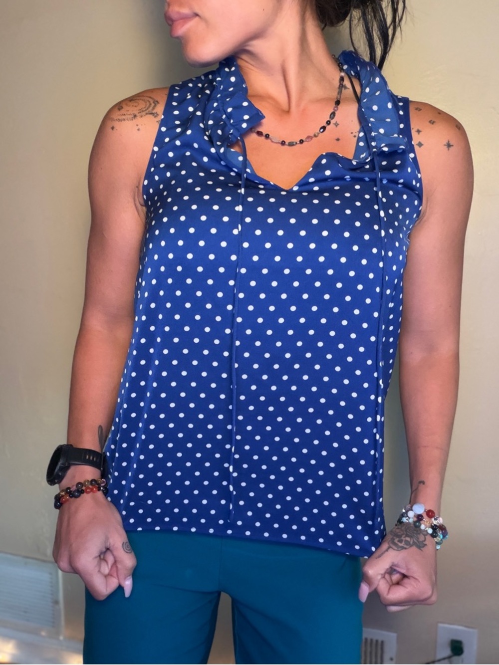 J. Crew Blue Polka Dot Ruffle Tie-Neck Sleeveless Camisole